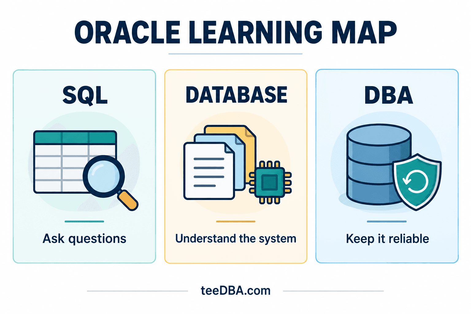 แผนที่การเรียน Oracle แบ่งเป็น SQL สำหรับถามข้อมูล ความเข้าใจระบบ Database และงาน DBA สำหรับดูแลความพร้อมใช้งาน
